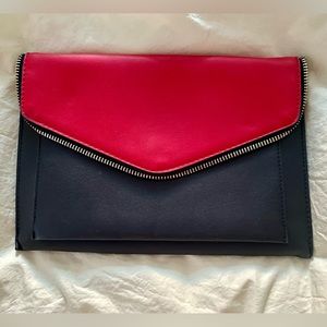 red & black envelope clutch with removable gold chain